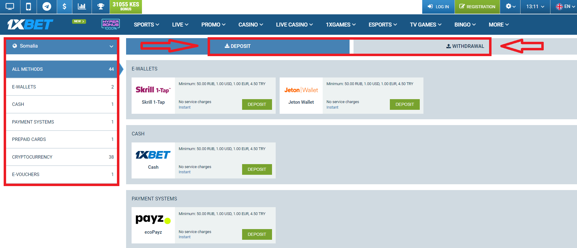 1xBet registration methods 